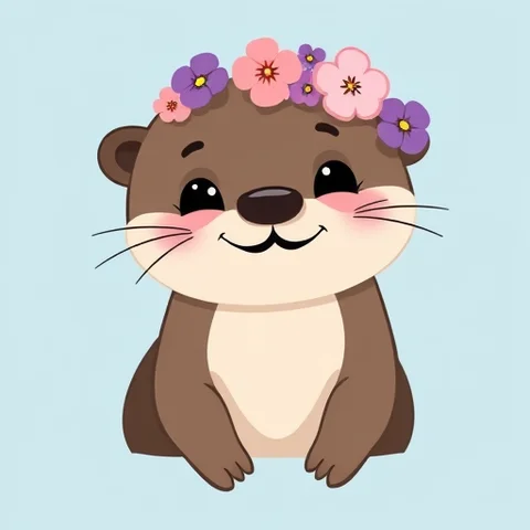 Adorable Otter with a Flower Crown Smiling Cheerfully in Pastel Colors