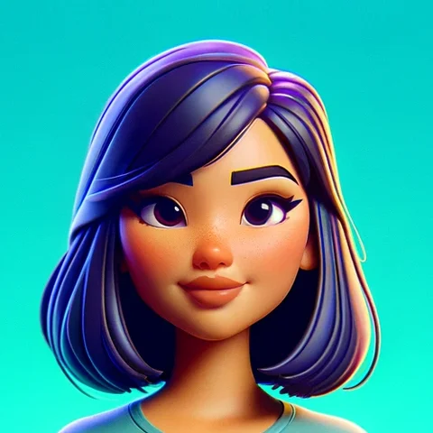 3D character woman, dark hair with purple streak