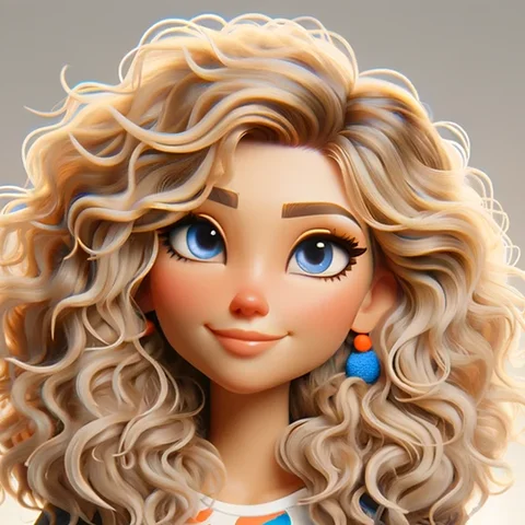 3D character blonde woman, curly hair