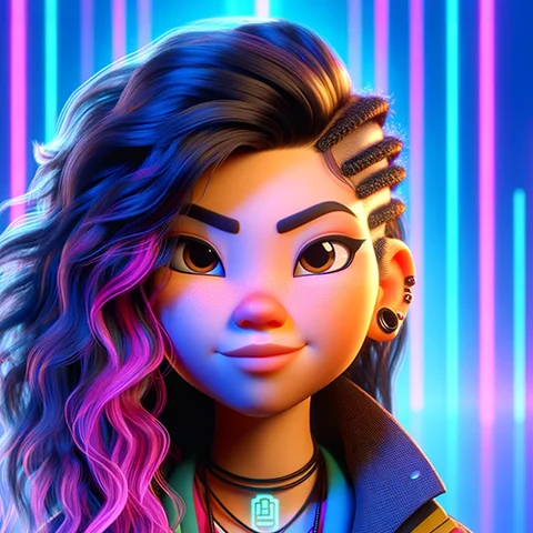 3D character woman, dark hair, blue jacket