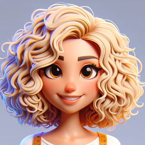 3D character person, curly blonde hair