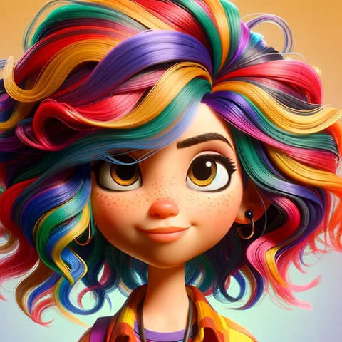 3D character woman with rainbow/colorful hair