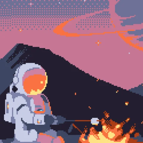 Astronaut by a campfire