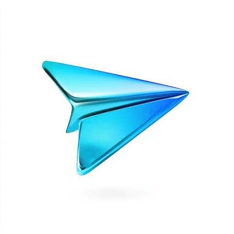 Glossy blue paper plane icon on isolated white background