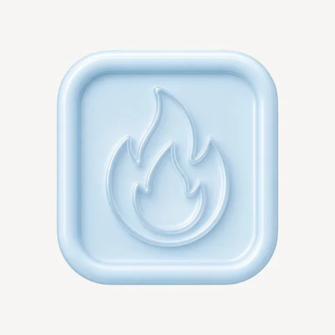 Blue 3D fire icon on square button design