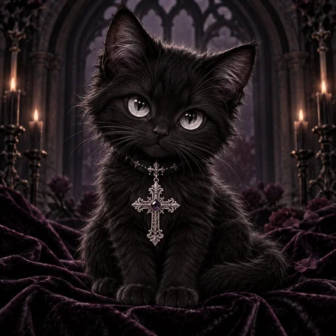 Gothic Kitten with a Silver Cross