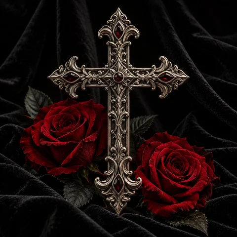 Silver Cross and Crimson Roses