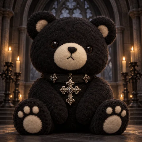 Black Teddy with a Cross Brooch