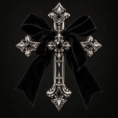 Black Velvet Bow and Silver Cross