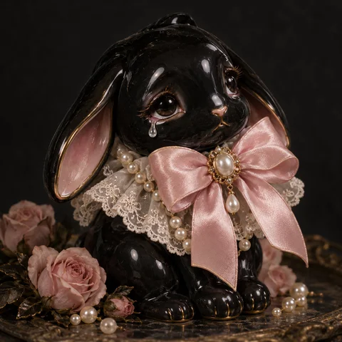 Black Porcelain Bunny with a Pink Bow