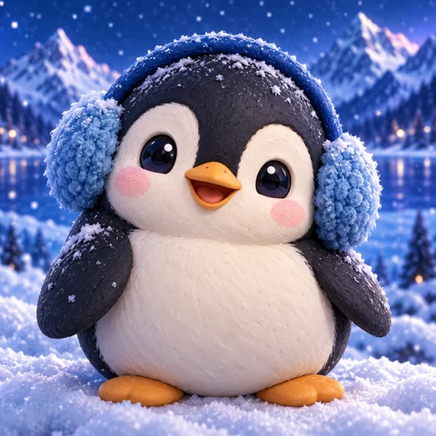 Penguin in Blue Earmuffs