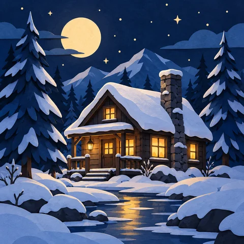 蓝色冬夜暖光木屋