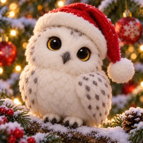 Snowy Owl in a Santa Hat