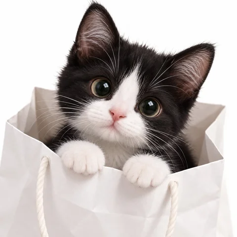 Tuxedo Kitten in a Paper Bag