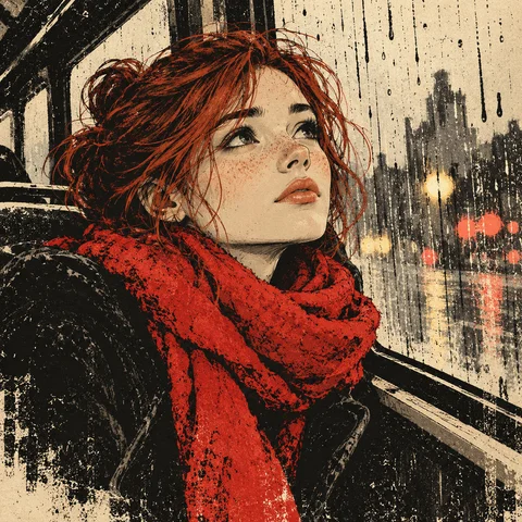 Red Scarf by a Rainy Window