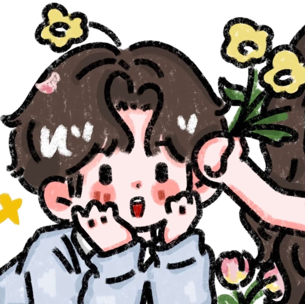Tucking Spring Flowers into Your Hair — Matching Avatars · Izquierda