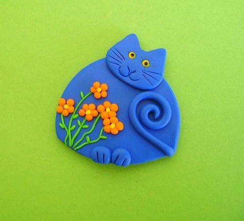 Blue Clay Cat with Flowers · S441